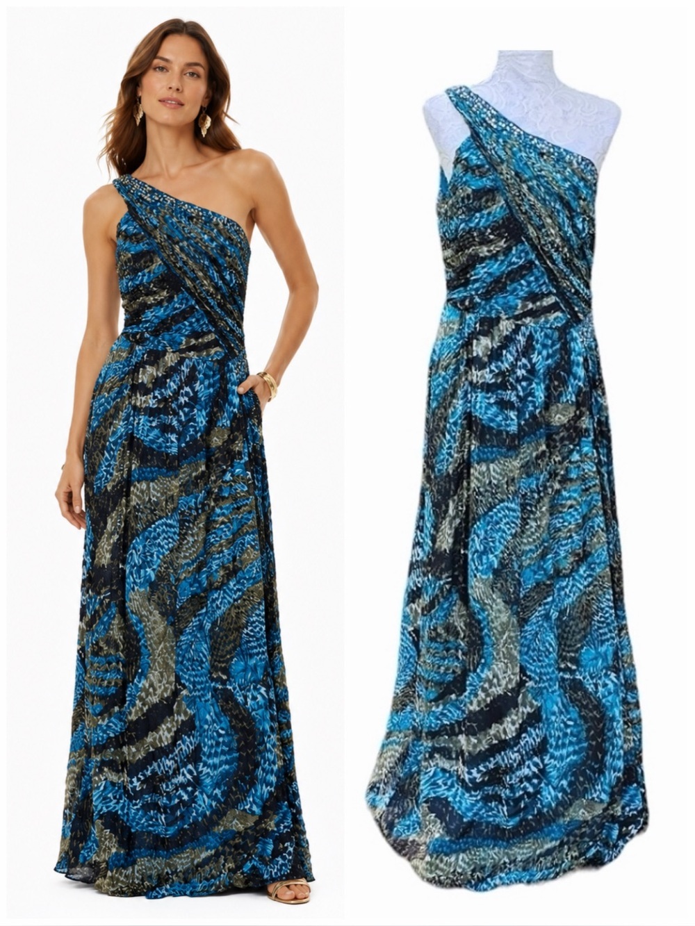 Laundry by Shelli Segal Silk One Shoulder Beaded Evening Gown Blue Size 10